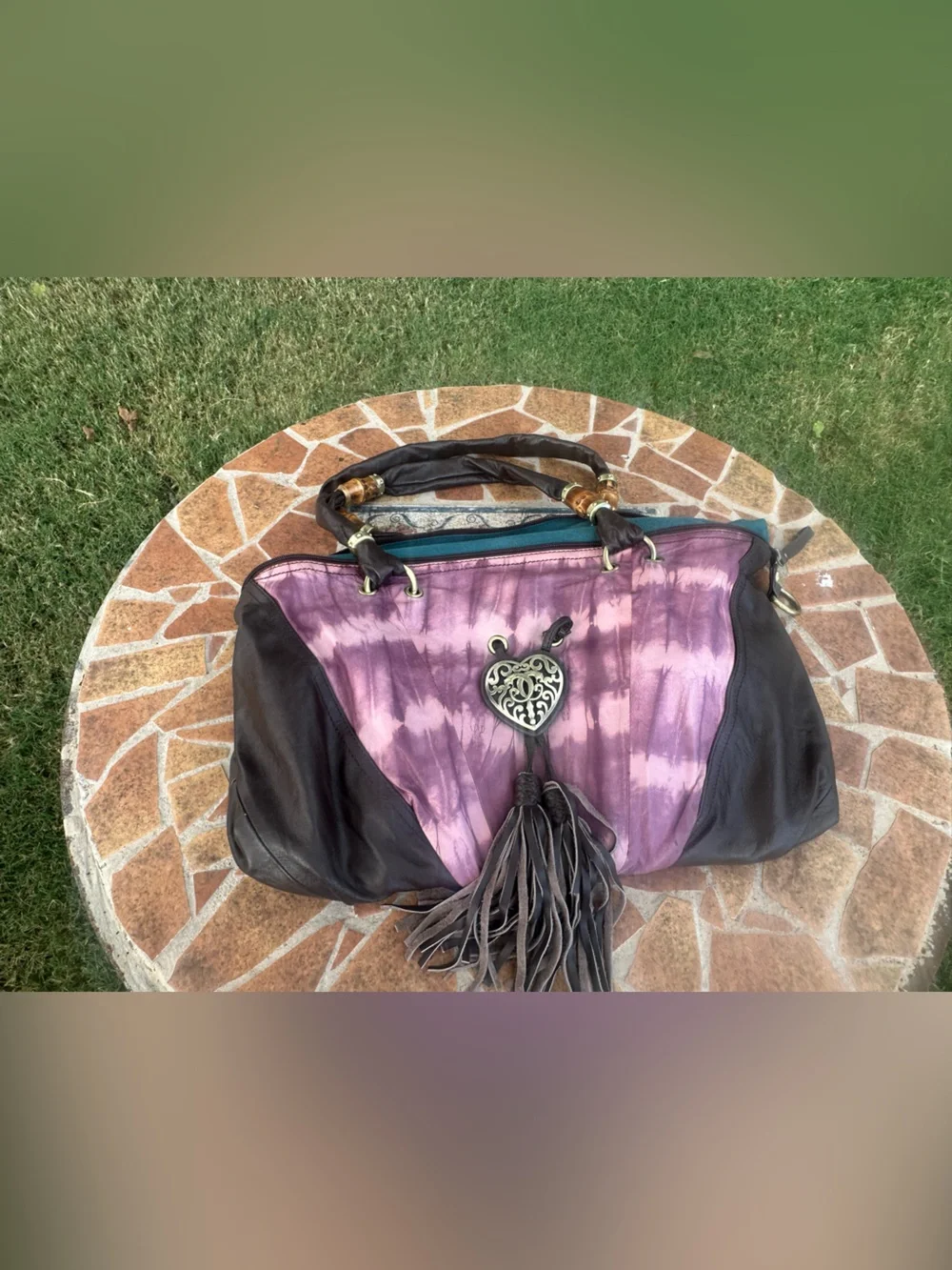 Vintage SHARIF New York Purple Tie-Dye Leather Hobo Bag with Heart Charm